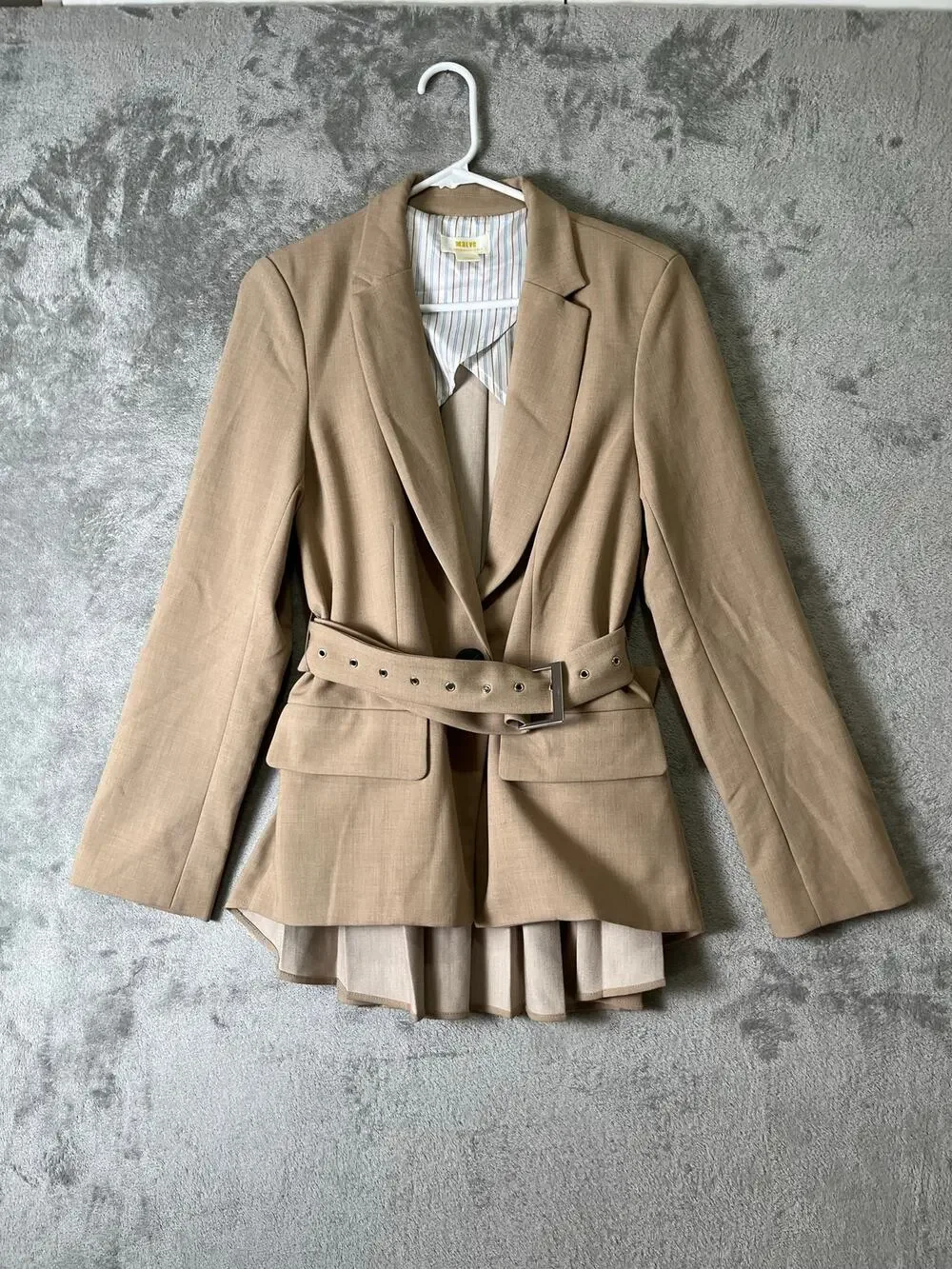 Maeve Pleated Back Belted Blazer Beige Tailored Career Office Jacket Size Small